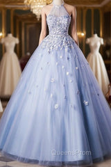 Blue Tulle Halter Flower Quinceanera Dress