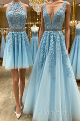 Blue tulle lace A line Evening Prom Dress blue lace tulle formal Dress