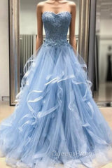 Blue Tulle Lace Appliques Sweetheart Layered Long Evening Prom Dress