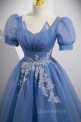Blue Tulle Lace Floor Length Evening Prom Dress, Blue Short Sleeve Evening Dress