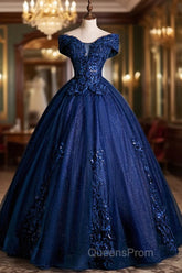 Blue Tulle Lace Long A-Line Ball Gown, Off The Shoulder Evening Party Dress