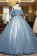 Blue Tulle Lace Long A-Line Ball Gown, Off the Shoulder Evening Gown