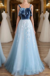 Blue tulle lace long Evening Prom Dress, blue tulle formal Dress