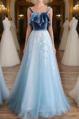 Blue tulle lace long Evening Prom Dress, blue tulle formal Dress