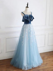Blue tulle lace long Evening Prom Dress, blue tulle formal Dress