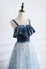 Blue Tulle Lace Long Evening Prom Dress, Blue Tulle Long Evening Dress