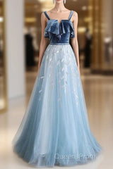 Blue Tulle Lace Long Evening Prom Dress, Blue Tulle Long Evening Dress