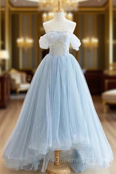 Blue Tulle Lace Long Evening Prom Dress, High Low A-Line Evening Party Dress
