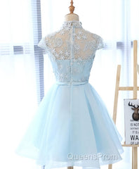 Blue tulle lace short Evening Prom Dress, blue tulle lace homecoming Dress