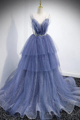 Blue Tulle Layers Long Prom Dress, A-Line Spaghetti Strap Party Dress