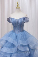 Blue Tulle Layers Long Evening Prom Gown, A-Line Blue Evening Dress