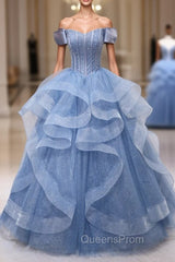 Blue Tulle Layers Long Evening Prom Gown, A-Line Blue Evening Dress