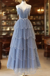 Blue Tulle Layers Straps Beaded Long Evening Prom Dress, Blue A-Line Evening Dress