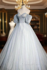 Blue Tulle Long A-Line Ball Gown, Off the Shoulder Evening Dress