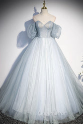 Blue Tulle Long A-Line Ball Gown, Off the Shoulder Evening Dress