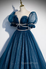 Blue Tulle Long A-Line Evening Prom Dress, A-Line Short Sleeve Evening Dress
