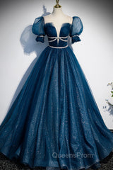 Blue Tulle Long A-Line Evening Prom Dress, A-Line Short Sleeve Evening Dress