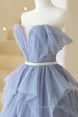Blue Tulle Long A-Line Evening Prom Dress, Cute Strapless Graduation Dress