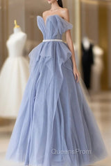 Blue Tulle Long A-Line Evening Prom Dress, Cute Strapless Graduation Dress