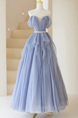 Blue Tulle Long A-Line Evening Prom Dress, Cute Strapless Graduation Dress