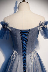 Blue Tulle Long A-Line Evening Prom Dress, Off the Shoulder Evening Party Dress
