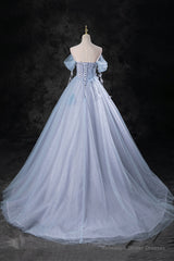 Blue Tulle Long A-Line Prom Dress Party Dress, Beautiful Off the Shoulder Blue Evening Dress