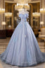 Blue Tulle Long A-Line Evening Prom Dress Party Dress, Beautiful Off the Shoulder Blue Evening Dress