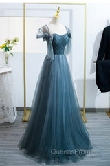 Blue Tulle Long A-Line Evening Prom Dress, Simple Sweetheart Neckline Evening Party Dress