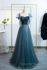 Blue Tulle Long A-Line Evening Prom Dress, Simple Sweetheart Neckline Evening Party Dress
