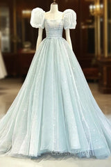 Blue Tulle Long A-Line Evening Prom Dress with Sequins, Lovely Puff Sleeve Evening Gown
