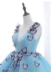 Blue Tulle Long Party Dress With Butterfly, Gorgeous Sweet 16 Dress