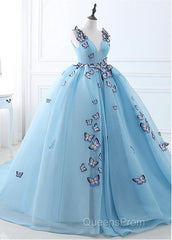 Blue Tulle Long Party Dress With Butterfly, Gorgeous Sweet 16 Dress