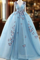 Blue Tulle Long Party Dress With Butterfly, Gorgeous Sweet 16 Dress