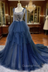 Blue Tulle Long Evening Prom Dress, Blue Tulle Long Evening Dress