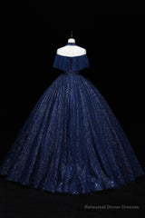 Blue Tulle Long Prom Dress with Sequins, A-Line Blue Formal Dress