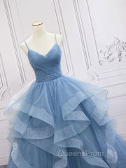 Blue Tulle Long Evening Prom Dress, Blue Tulle Evening Dress Sweet 16 Dress