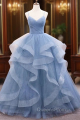 Blue Tulle Long Evening Prom Dress, Blue Tulle Evening Dress Sweet 16 Dress