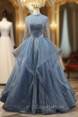 Blue Tulle Long Sleeve Backless Beading Evening Prom Dress