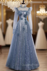 Blue Tulle Long Sleeve High Neck Backless Evening Prom Dress