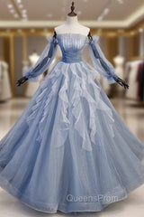 Blue Tulle Long Sleeve Off the Shoulder Evening Prom Dress