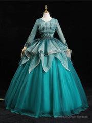 Blue Tulle Long Sleeve Pleats Appliques Beading Quinceanera Dress