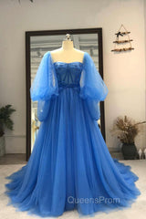 Blue Tulle Long Sleeve Evening Prom Dress, A-Line Tulle Evening Dress