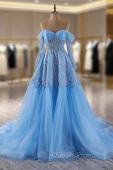 Blue Tulle Long Sleeve Sequins Beading Evening Prom Dress