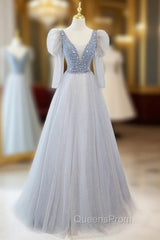 Blue Tulle Long Sleeve V-neck Beading Evening Prom Dress