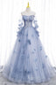 Blue Tulle Long Sleeves Evening Dress with Flowers, Blue A-Line Evening Prom Dress