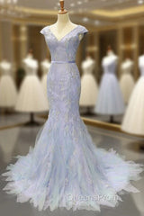 Blue Tulle Mermaid Deep V-neck Backless Evening Prom Dress With Beading