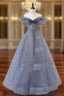 Blue Tulle Off Shoulder Long Evening Prom Dress, Blue A line Evening Dress