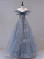 Blue Tulle Off Shoulder Long Classy Prom Dress, Blue Tulle Classy Dress