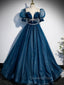 Blue Tulle Off Shoulder Long Evening Prom Dress, Blue Tulle Evening Dress