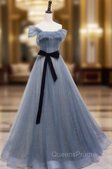 Blue Tulle Off Shoulder Sequin Long Evening Prom Dress Blue Evening Dress
